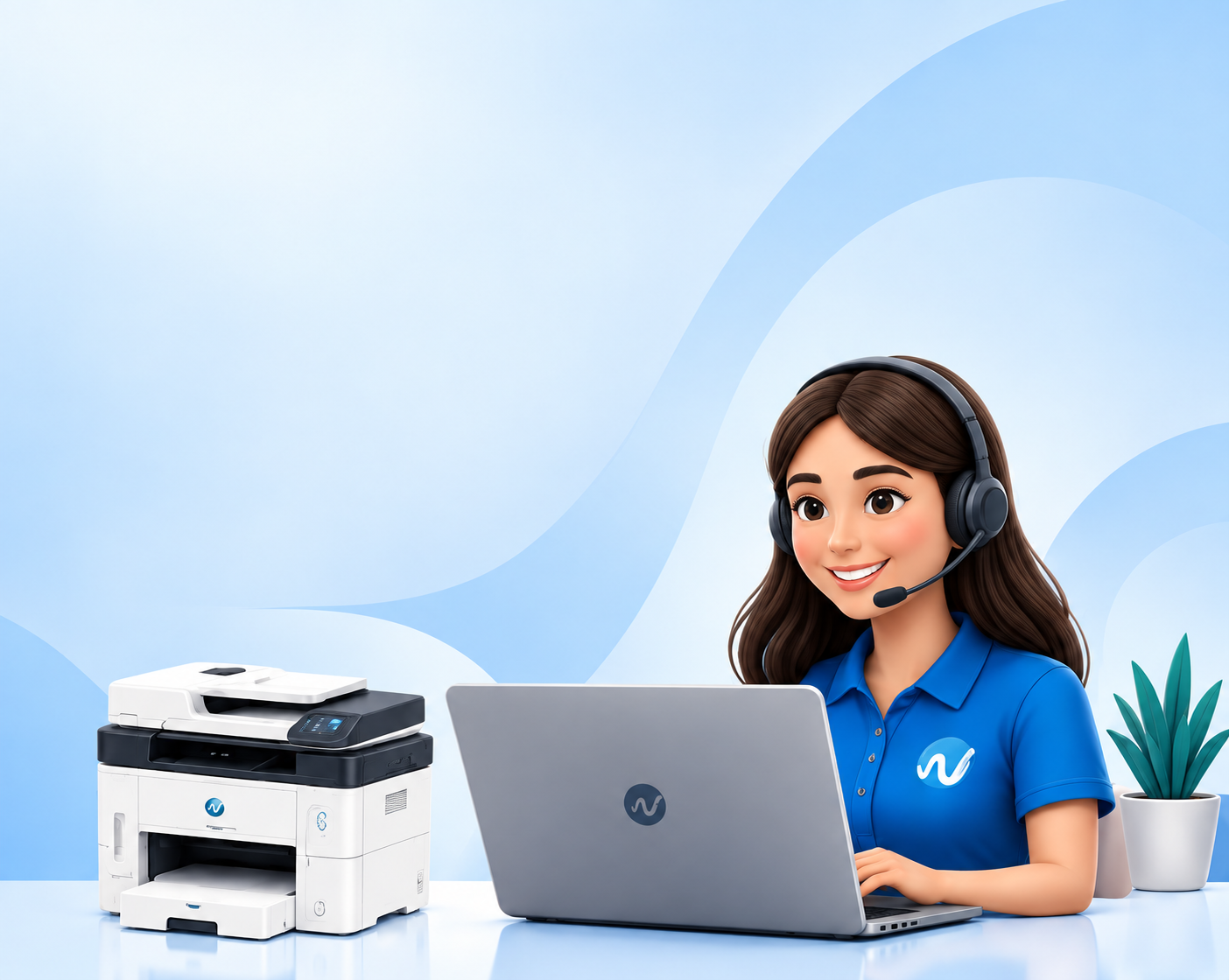 Support specialist with a laptop and printer